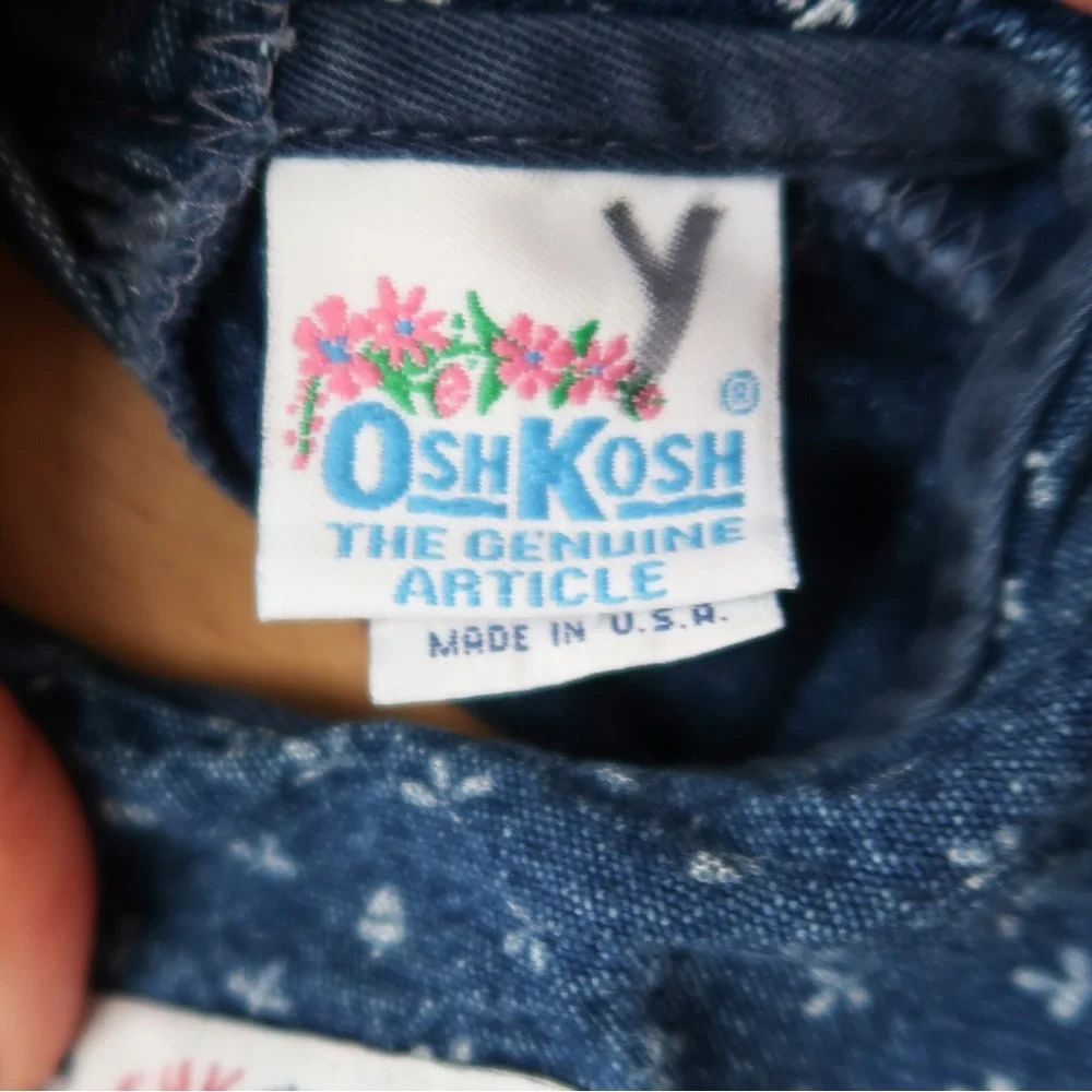 Vintage OshKosh B'Gosh Girl & Flowers Print Long Sleeve Denim Bib Dress 3-4T